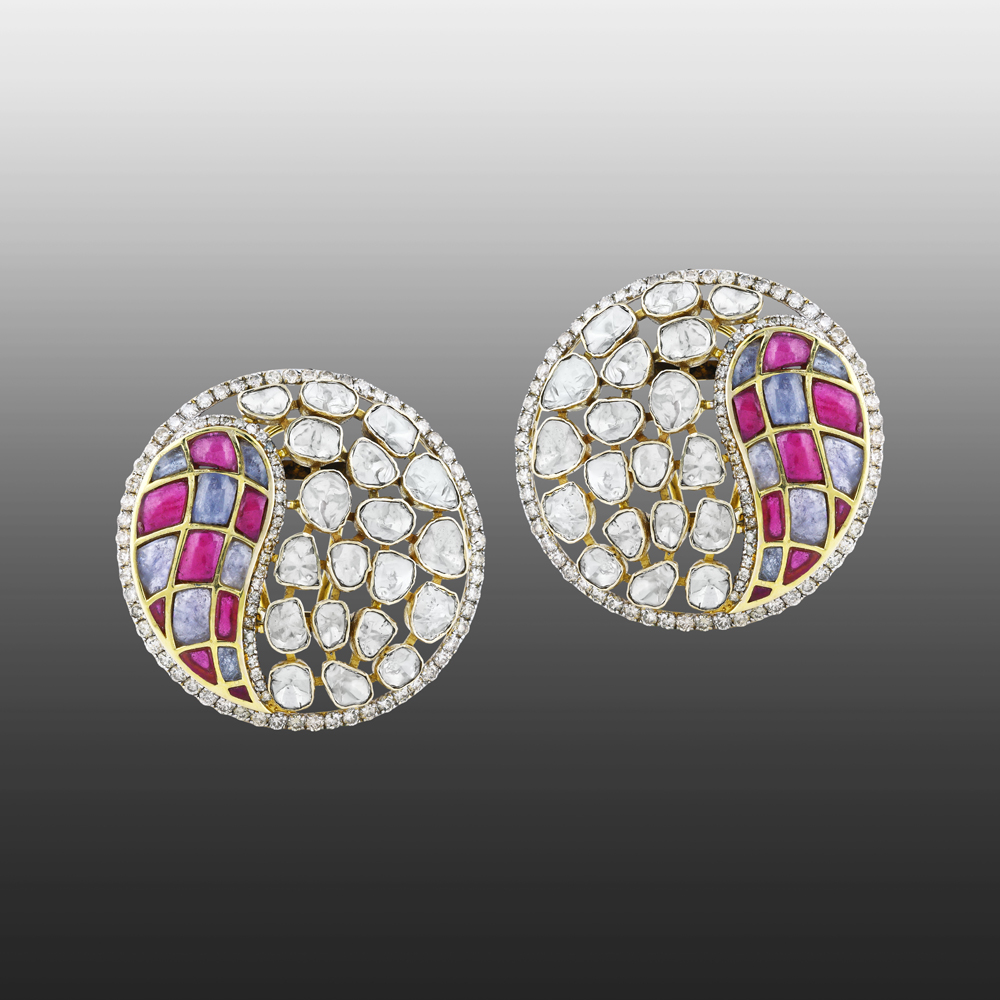 Polki Earrings with Pink and Purple Talaf in Circular Design